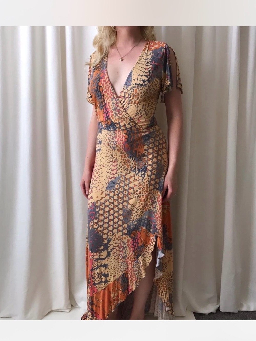 Flutter-Sleeve High-Low Wrap Dress in Mustard and Rust